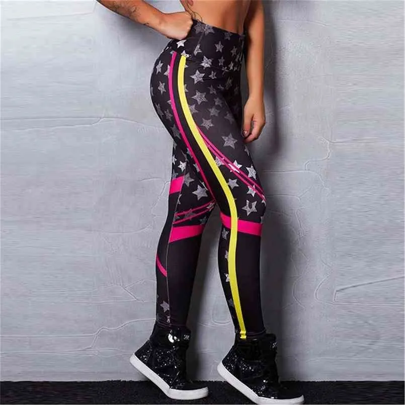 Push Up Sporting Star Pattern Digital Printed Casual Leggings Women Sportswear Black Skinny Elastic Force 210925
