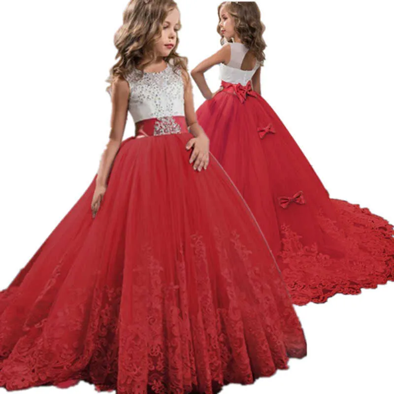 Red girl laço bordado festa de aniversário de Natal drflower vestido de casamento forma formal crianças vestidos para meninas roupas adolescentes 6 14 anos x0803