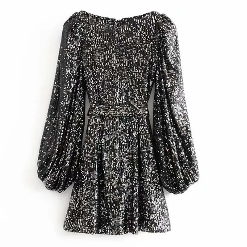 fitted lace wedding dress Onaki Long Sleeve Mini Dress in Mini Sequin Black