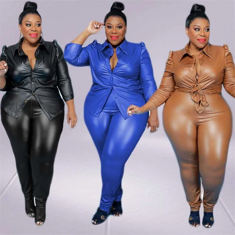 Grande taille femmes vêtements PU deux pièces ensembles bureau Lay à manches longues haut pantalon solide mode tenues en gros goutte 211023