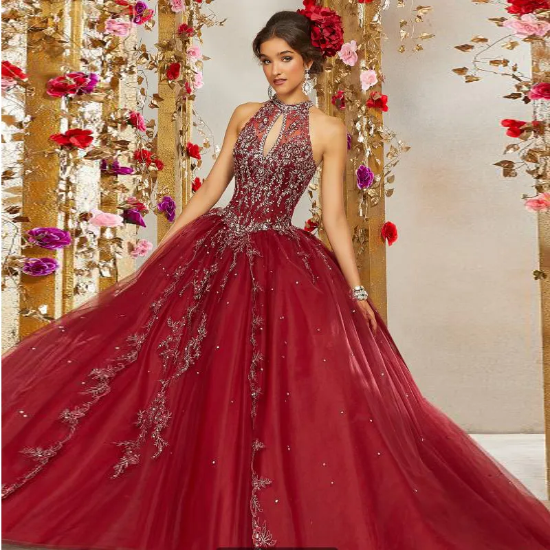 Superbe Une Ligne Quinceanera Robes Keyhole Cou Cristal Doux De Bal 15 Robes Dentelle Appliques Plus La Taille Robe De Soir￩e