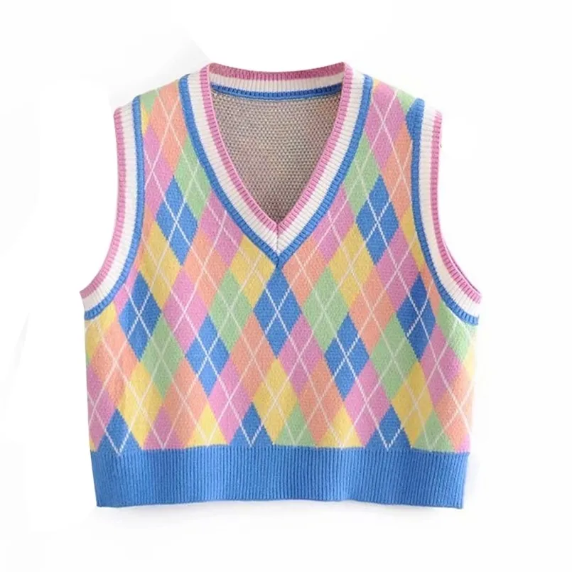 Väst Kvinnor Tröja Mode British Diamond Lattice Pullover Vest Sweater Fashion Youth Students Mix Match Sweater Vest 210917