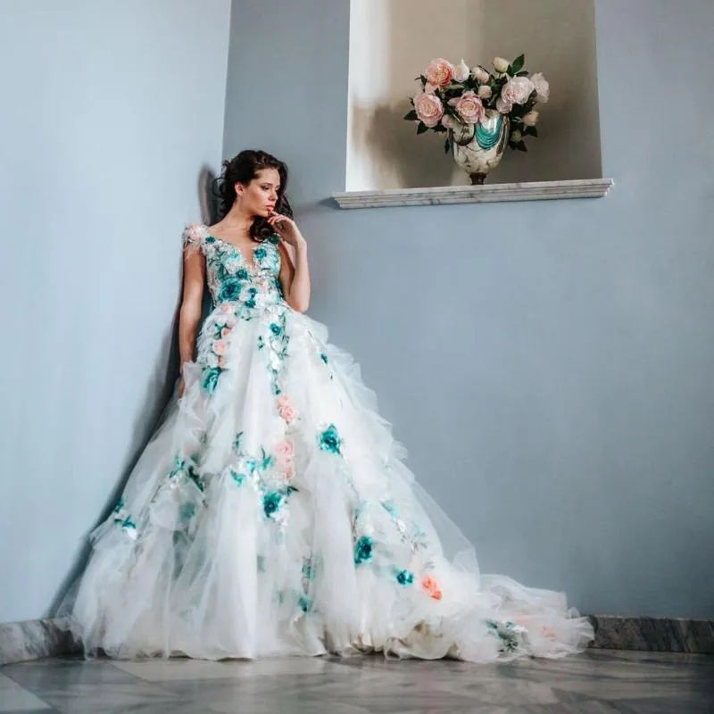 Party Dresses Sexy White Wedding Dress Floral 3D Flowers Applique Evening With Feather Elegant Bridal Train Ruffles