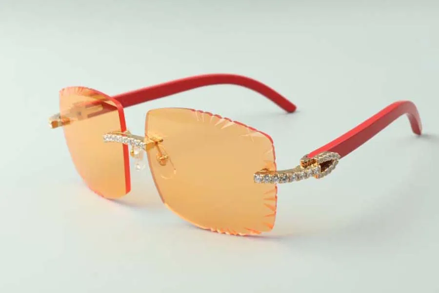 2021 Lunettes de soleil de créateurs haut de gamme 3524022 Verres de coupe de diamant sans fin Lunettes de jambes en bois rouge naturel, Taille: 58-18-135mm