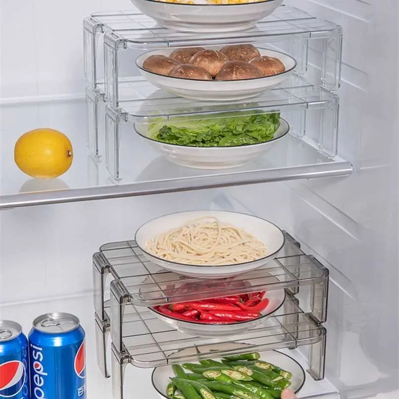 2 Stück Kühlschrank-Organizer, Küchenutensilien, stapelbares Regal, geschichtete Tablett-Aufbewahrung 211112
