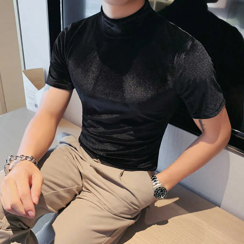Höst Halv Turtleneck T-shirt Män Velvet Half Sleeve Streetwear Casual Tees Toppar Koreansk stil Bottoming Shirt Men Kläder 210527