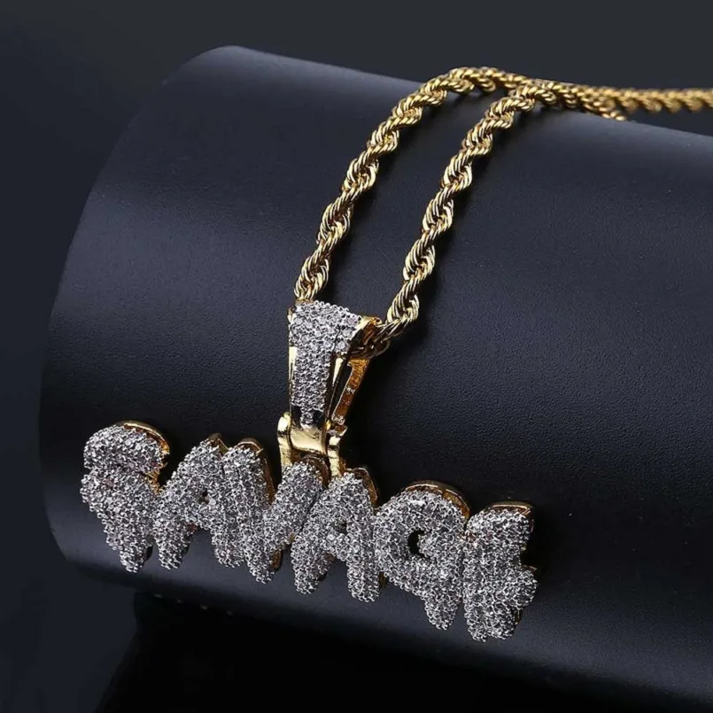 Mens Hip Hop SAVAGE Letter Pendant Necklace Jewelry Fashion Gold Pendant Necklaces With Cuban Chain