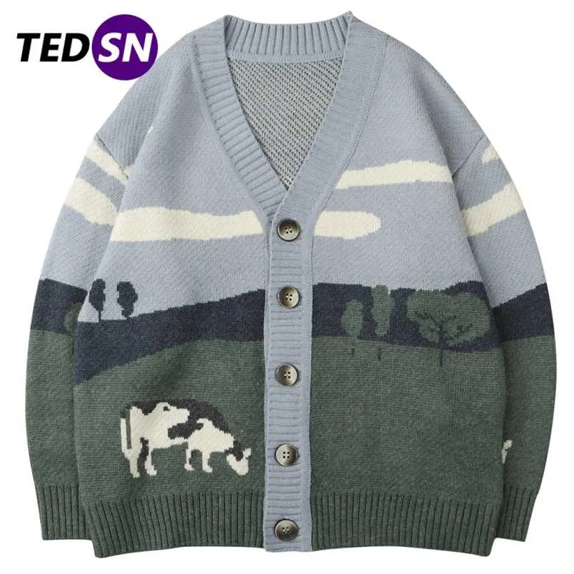 Oversize Streetwear Loose Cardigan Pullover Men Women Hip Hop Knitted Sweater Men Prairie Cow Pattern Harajuku Sweater 211006