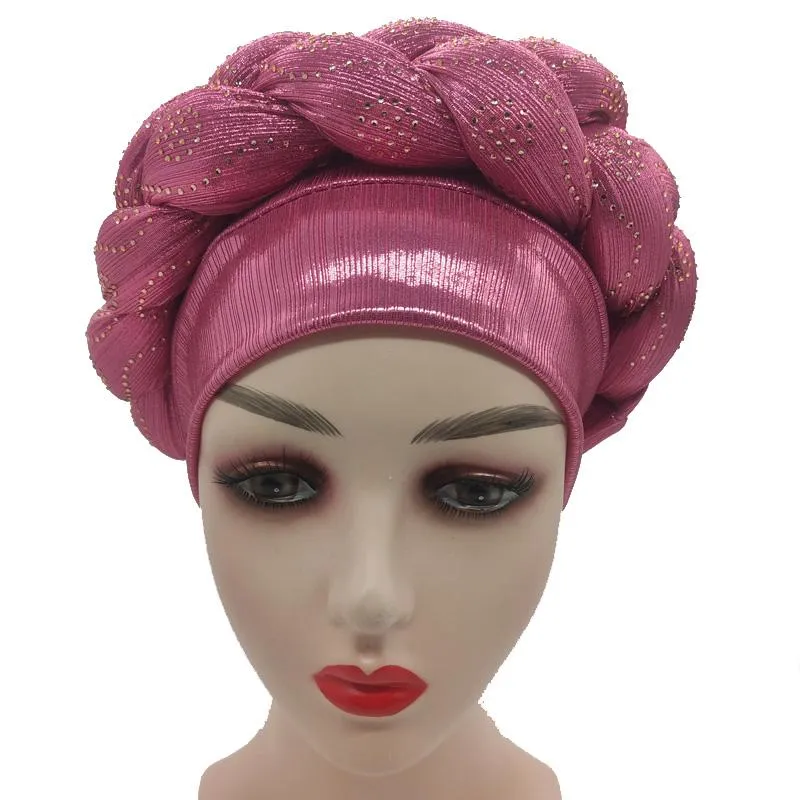 Strass Turbante Africain Femme Glitter Elástico Muçulmano Hijab Bonnet Feminino Envoltórios de Cabeça Tranças Turbante Mujer Auto Gele Tecido Étnico 310g