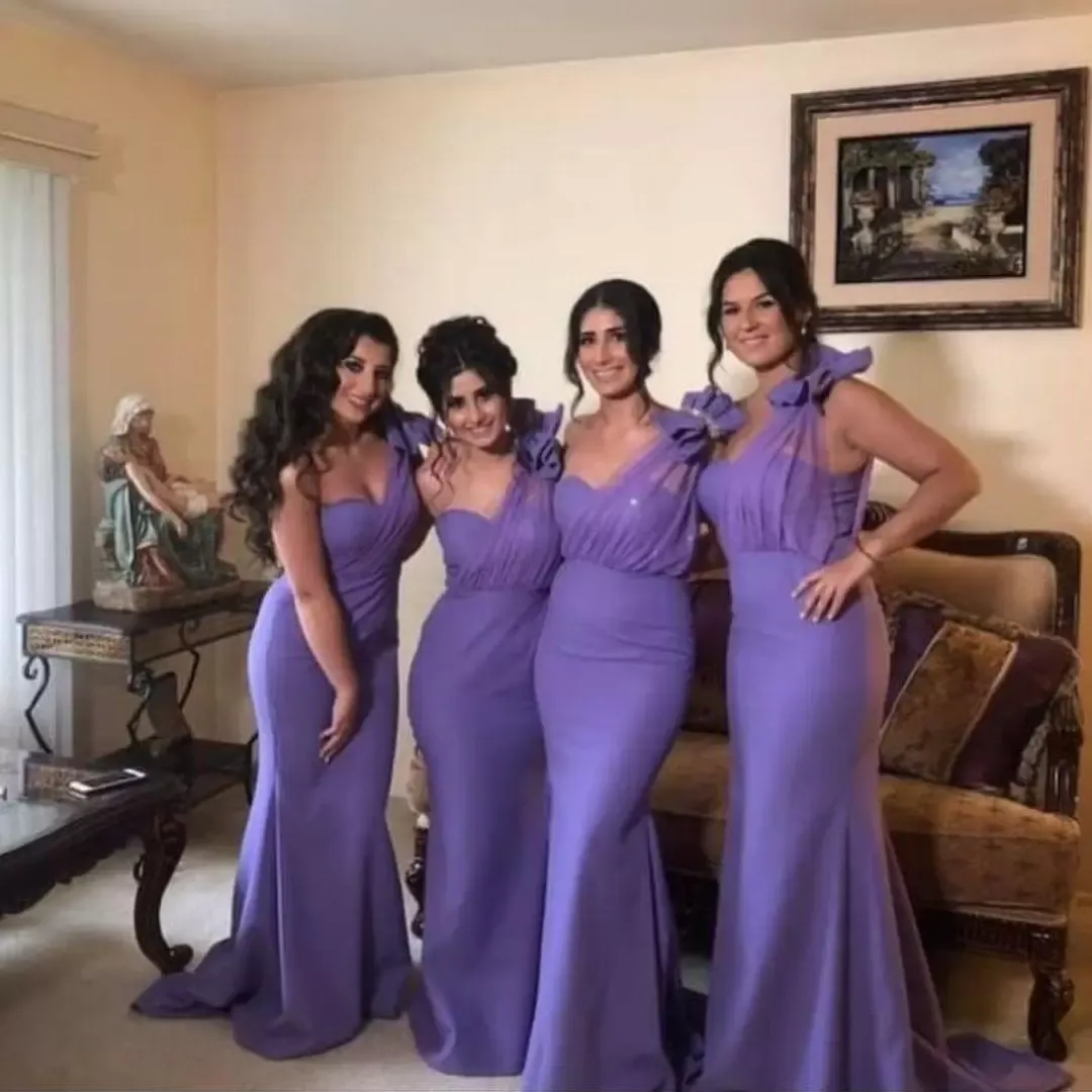 아프리카 라벤더 인어 신부 들러리 드레스 원피스 스트랩 스윕 트레인 플러스 사이즈 활 레이스 아플리케 맞춤형 하녀 명예 가운 vestidos