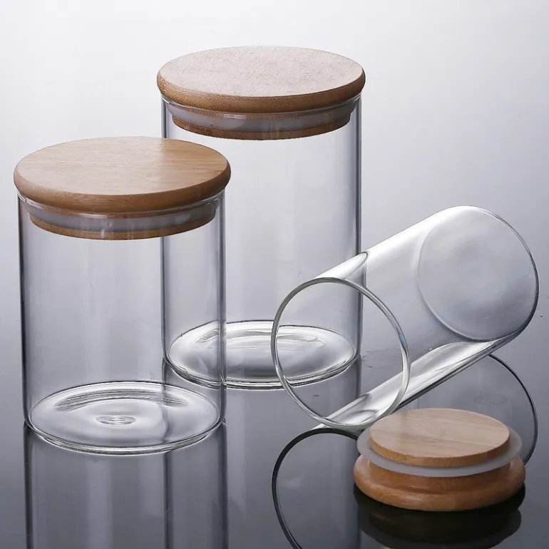 Barattoli da Cucina in Vetro, Set da 3, Base Bambù, Porta Spezie, Cucchiaio e Coperchio, Naturale Trasparente, Relaxdays | Leroy Merlin
