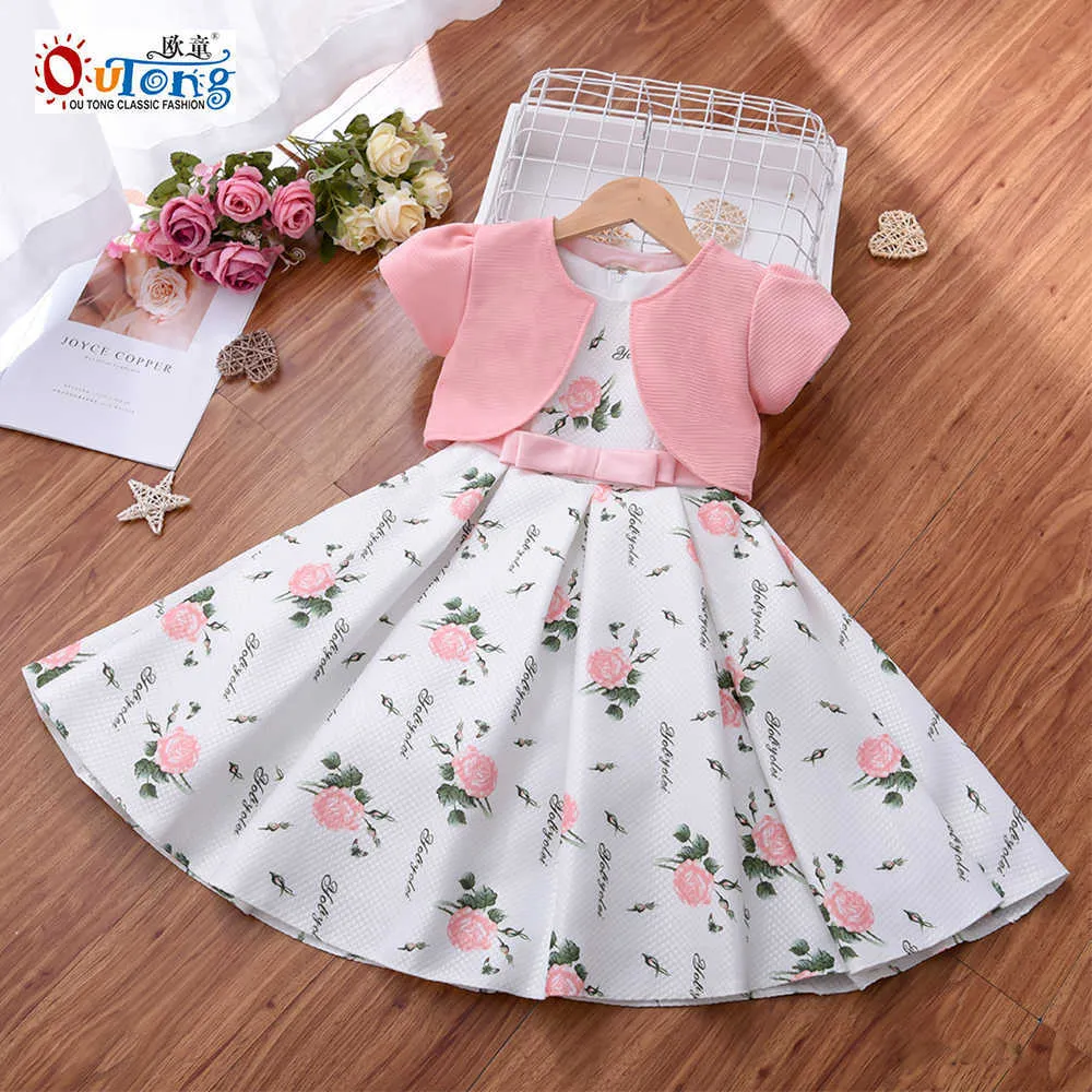 Outong Dresses Flickor i 5-9 år Sommarrock Bow Puttee Bomull Print Frock 8 år Girl Drfor Casual Go Outing Party Set x0803