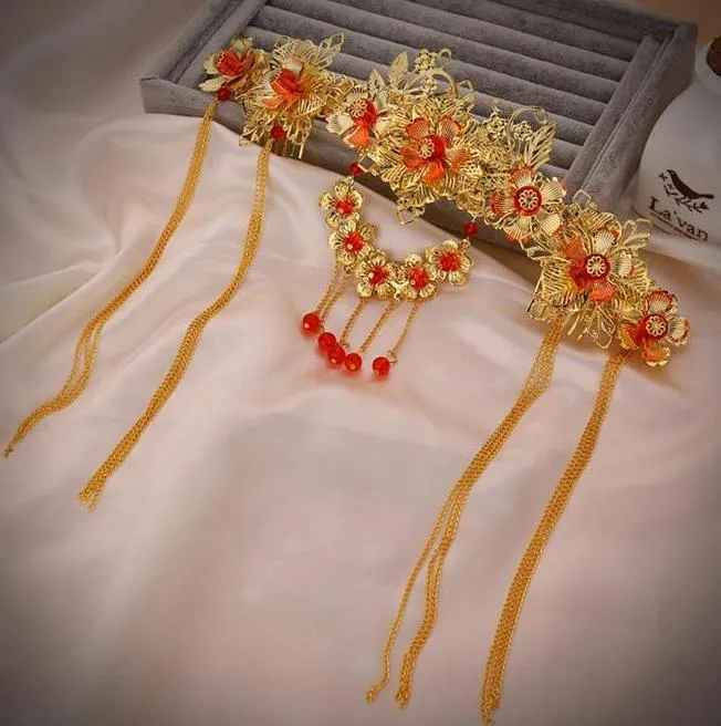 Coiffure de mariée doré rouge accessoires de mariage chinois couronnes bandes de cheveux diadèmes pinces à cheveux coiffes bijoux bandeaux