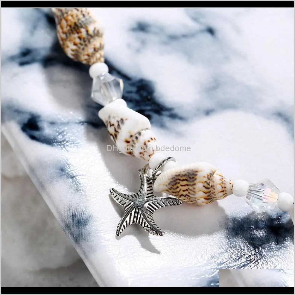 fashion jewelry anklet alloy starfish pendant sea snail white acrylic transparant pearl turquoise bead accessory silver plated chain