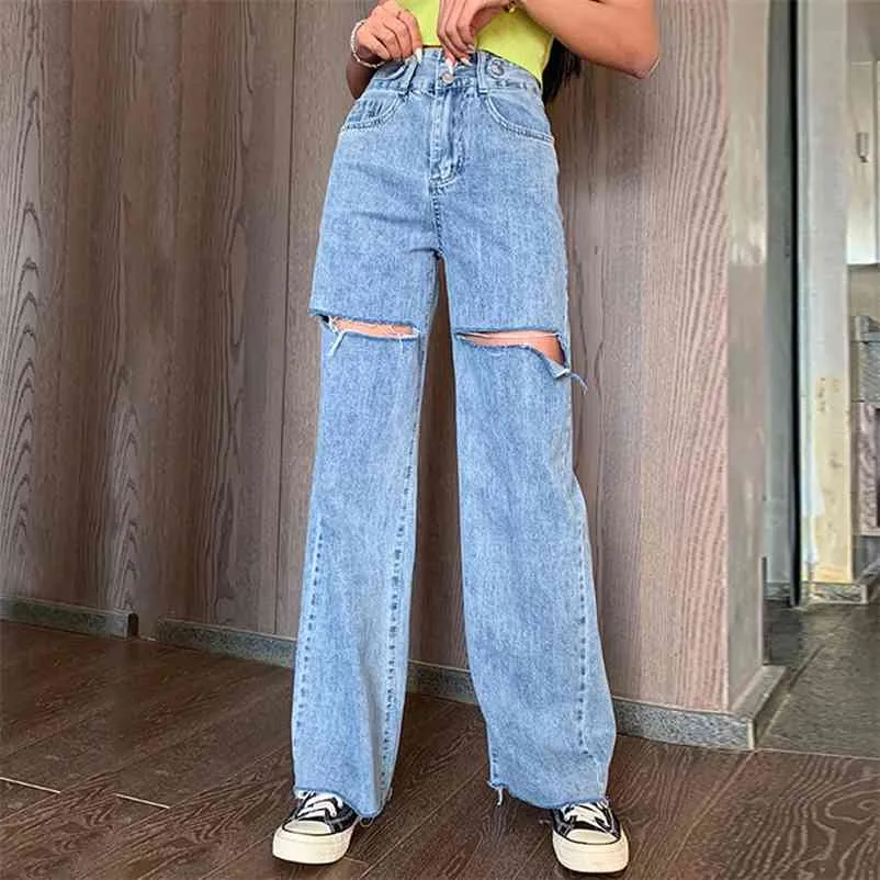 Jeans déchirés Femmes Lâche Coupe droite Pantalon taille haute pourri étaient minces jambes larges 100% coton Mop Pantalon 210322