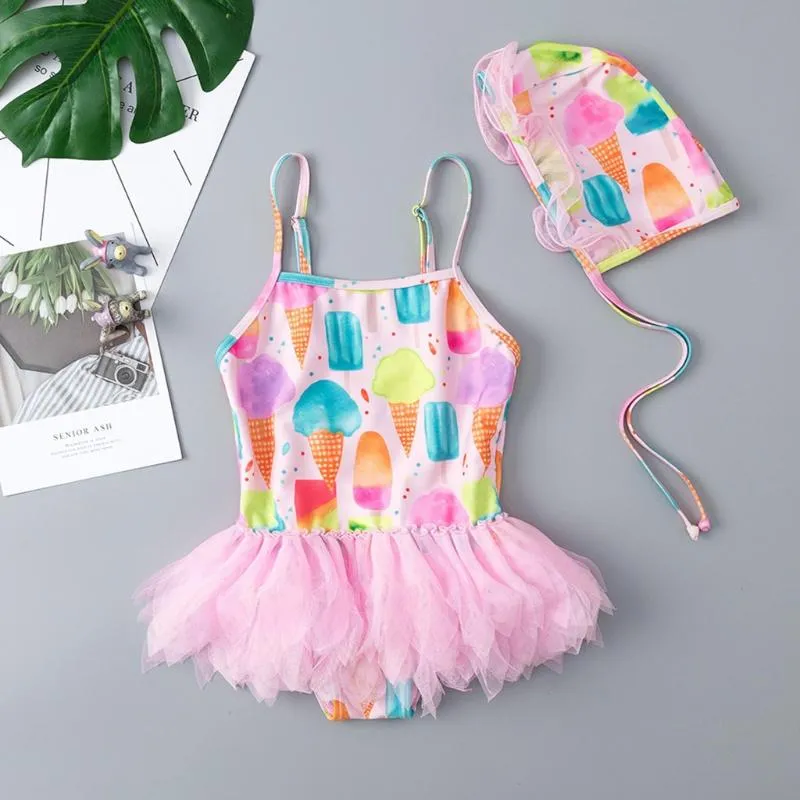 18-5y Baby Girls Swimsuit Cute Cekin Swan Print One Piece Swimwear Kids Swimsuit Kapelusz Set Swimwear Swimwear Bikini Dla Dziewczyn