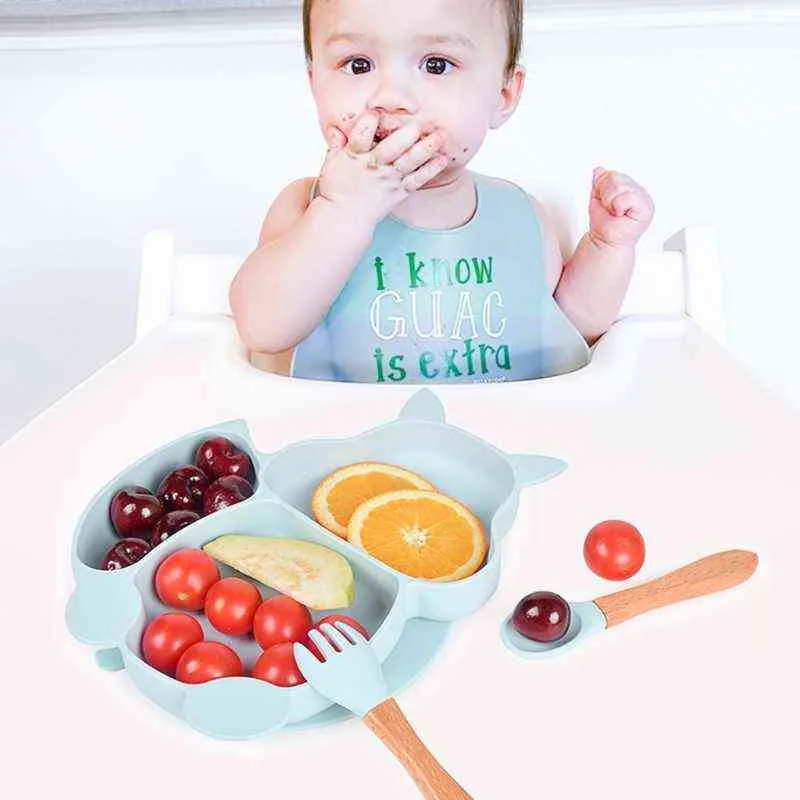 5 st Baby Silikon Bibs ekorre uppdelad middagsplatta sucker skål sked gaffel uppsättning utbildning matar mat redskap rätter kit gxmb g1210