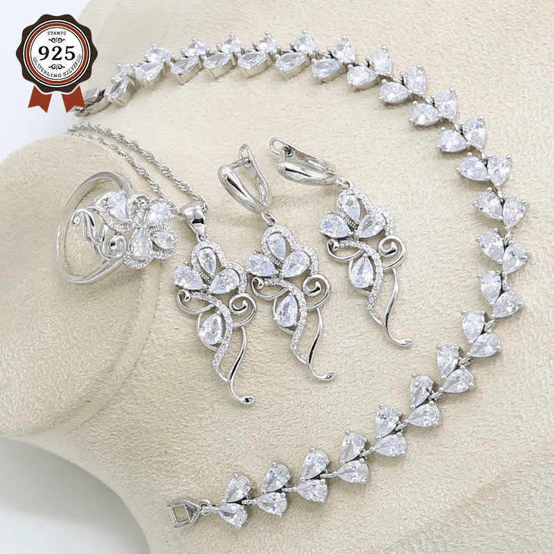 Klassische Weiße Wolken Silber Farbe Schmuck Sets Für Frauen Ohrringe Ringe Halskette Anhänger Zirkon Armband H1022