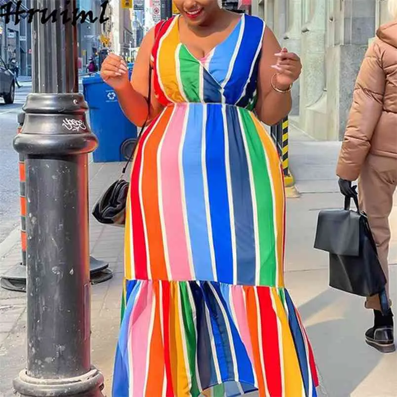 Abiti estivi senza maniche stampa a righe arcobaleno con scollo a V abito donna fasciatura elegante stile africano taglie forti maxi streetwear 210513