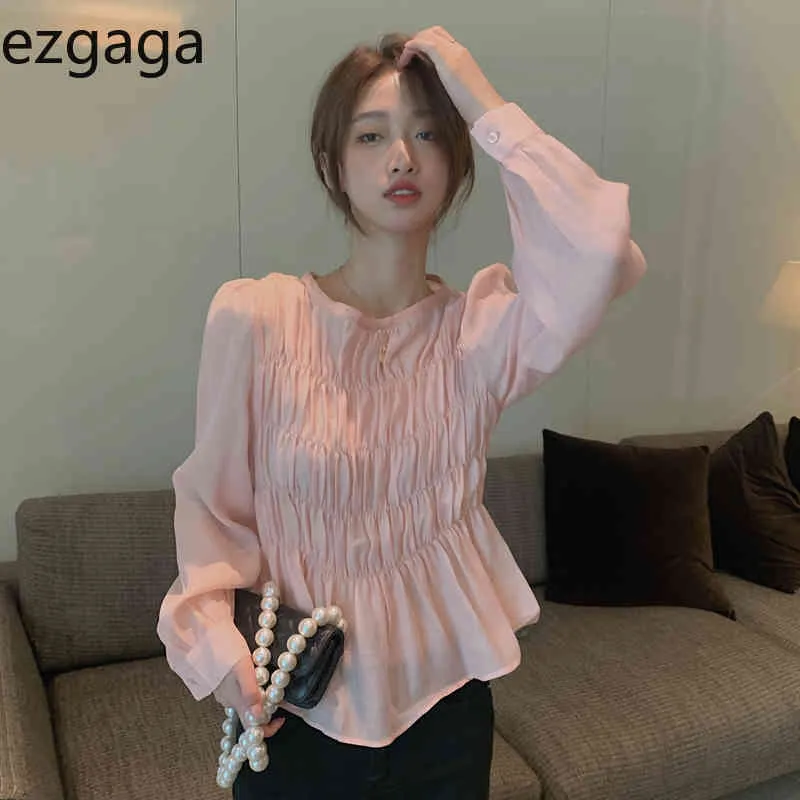 Ezgaga Summer Casual Puff Sleeve Blouse Femmes Solide Coréen Chic O-Cou Ruché All-Match Slim Dames Chemises Simple Élégant 210430
