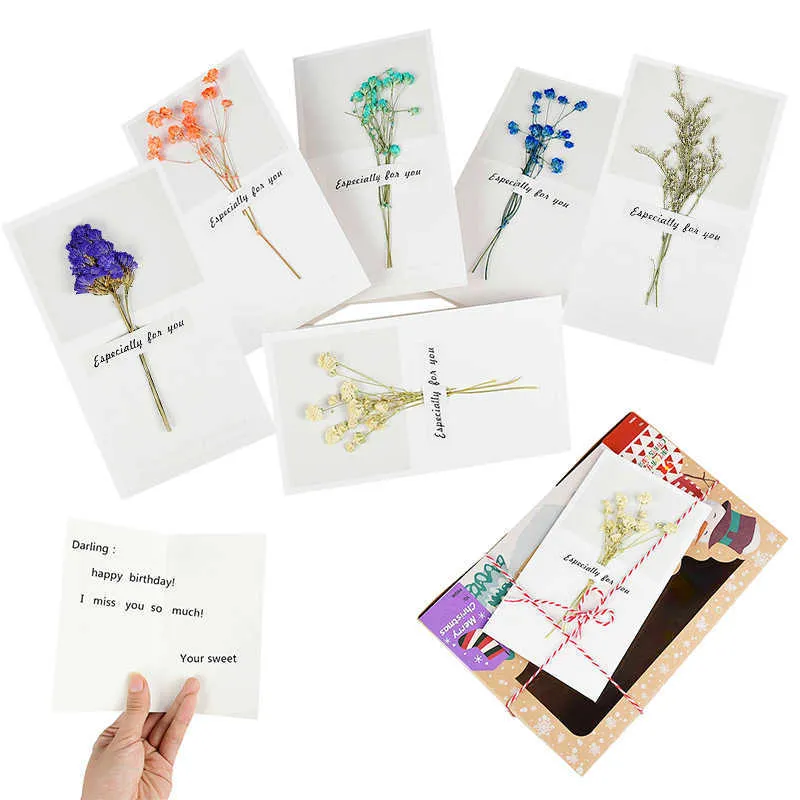 5pcs Dried Flowers Handwritten Blessing Greeting Card Wedding Invitations Graduation Christmas Birthday Festival Greeting Cards