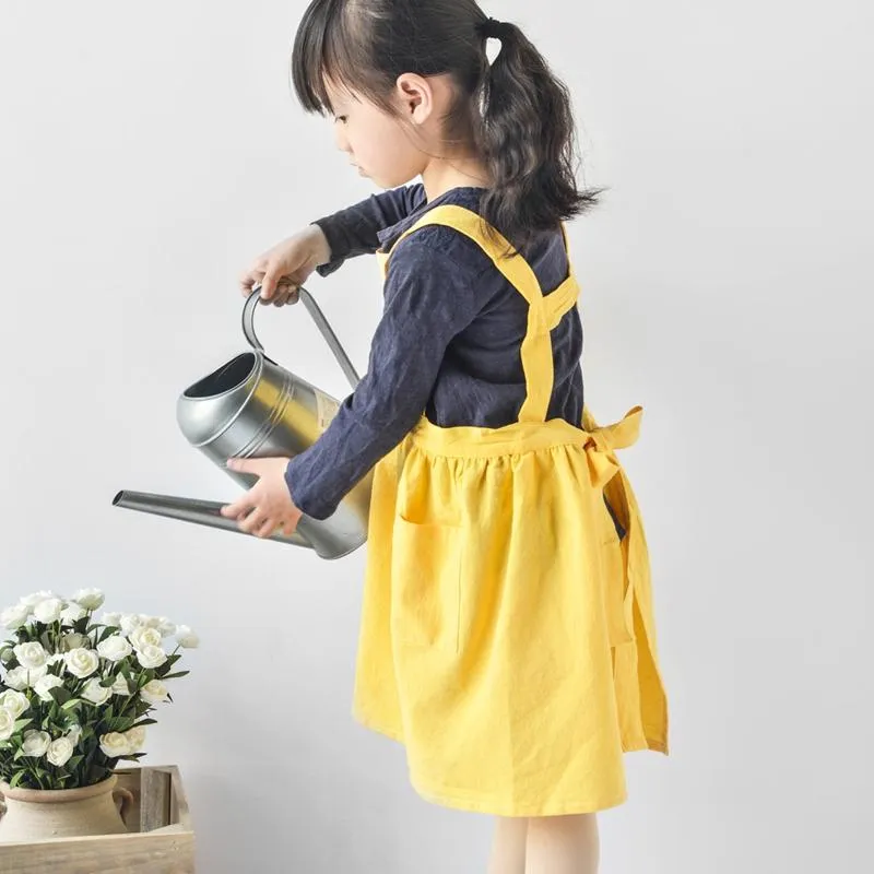 Förkläden Solid Färg Linne Förkläde Barnens Anti-Fouling Kök Bakning Målning Överaller Trädgårdsskötsel Anti-Dirty Kjol för barn