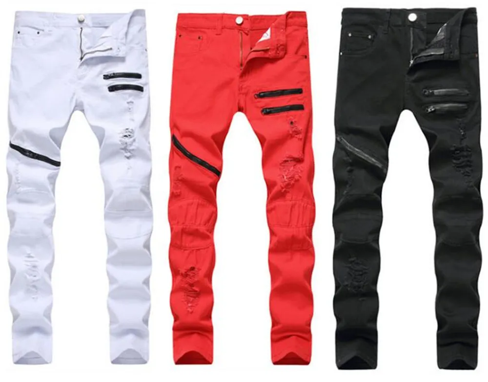 Mäns Jeans Man Ripped Hole Straight Brand Denim med kontrast Färg Mode Casual Zipper Man Byxor Slim Byxor Svart Vit Röd