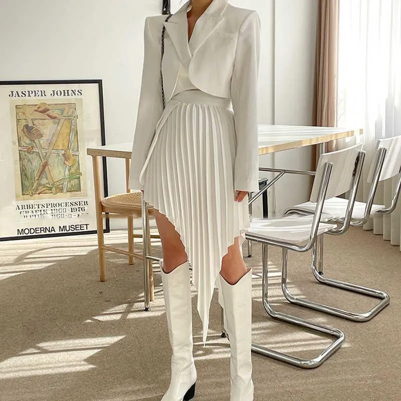 Kjolar Kvinnor Casual White Two Piece Set För Notched Långärmad Blazer Hög midja Oregelbundet Hem Kjol Eleganta Koreanska Set