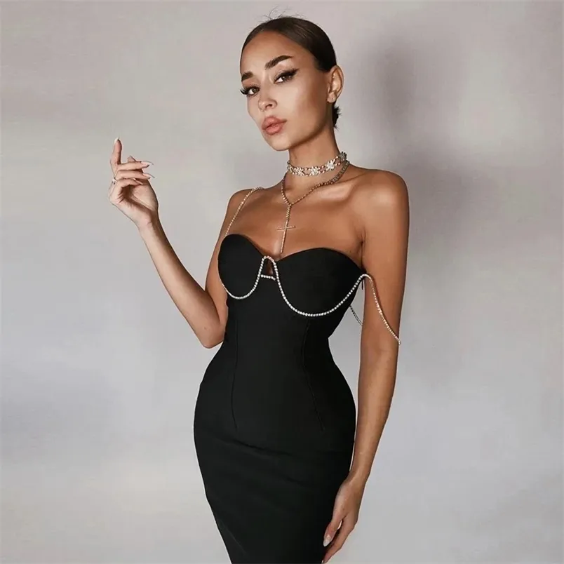 Darmowe modne koraliki łańcuch projekt mini sukienka seksowna bez rękawów backless Celebrity party bandaż lato vestidos 210524