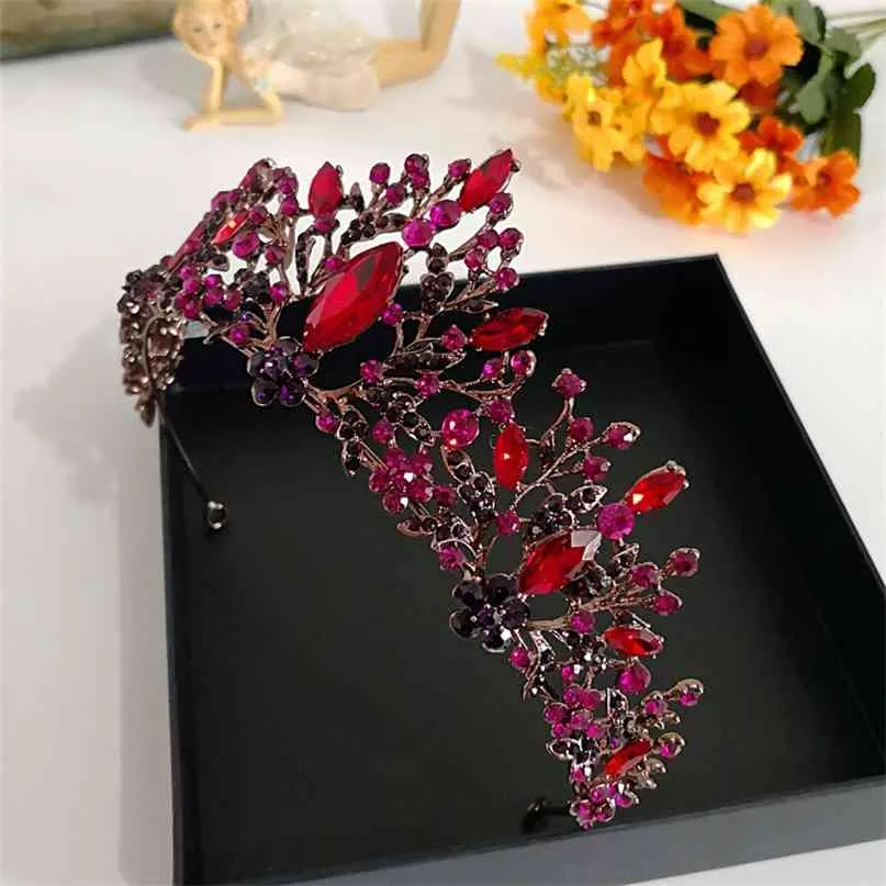 Baroque Handmade Elegant Crystal Hair Crown Tiara Red Princess Ornaments band Prom Bride Wedding Accessories 210707
