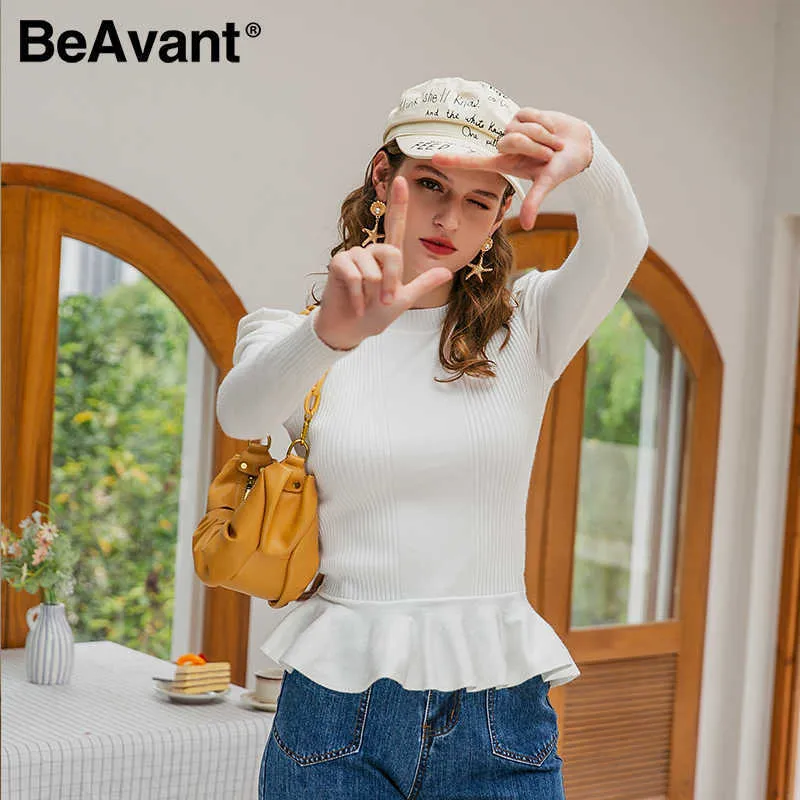 BeAvant femmes élégantes col rond solide blanc à manches longues pull pull automne hiver femme pull dames loisirs pull 210709