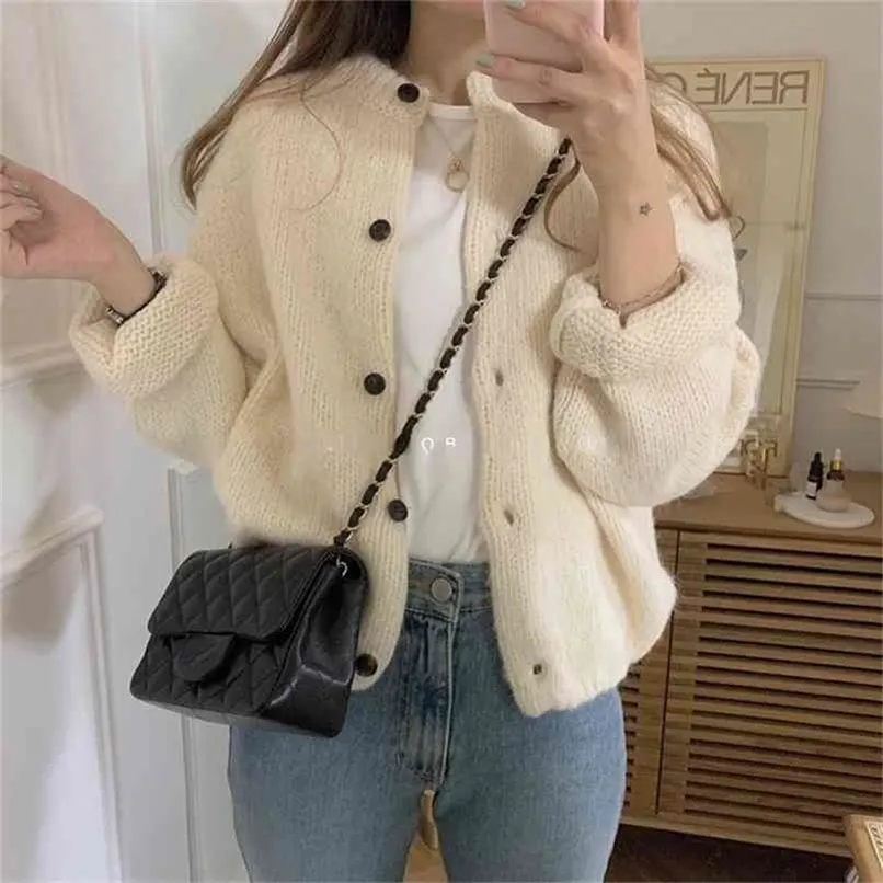 Oversize Women's Sweaters Autumn Winter sweater Vintage buttons O Neck Cardigans Single Breasted Puff Sleeve Loose Cardigan 210914