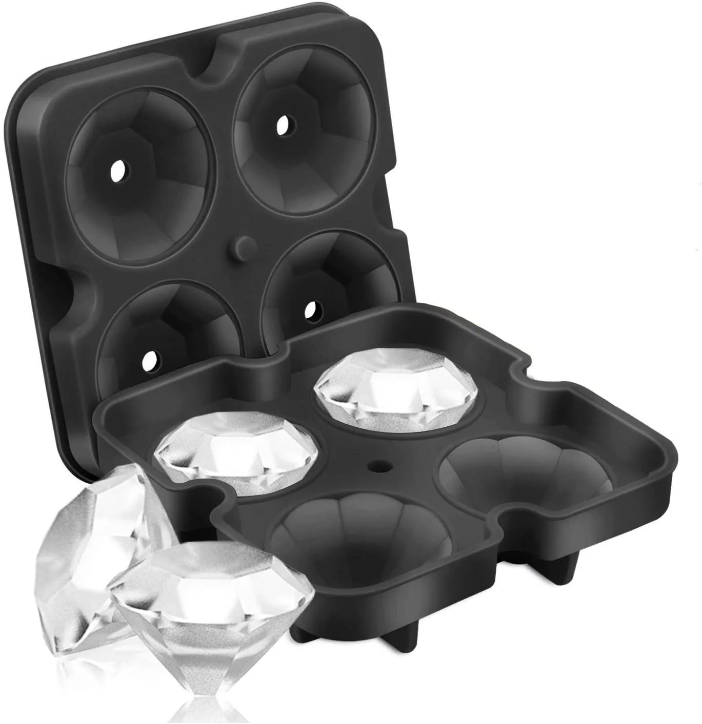 4 Cell Diamond Ice Cube Tray,Bar Tools Easy Release Silicone Mold,Candy Mould, for Whiskey,Cocktails and Juice Beverages,Black
