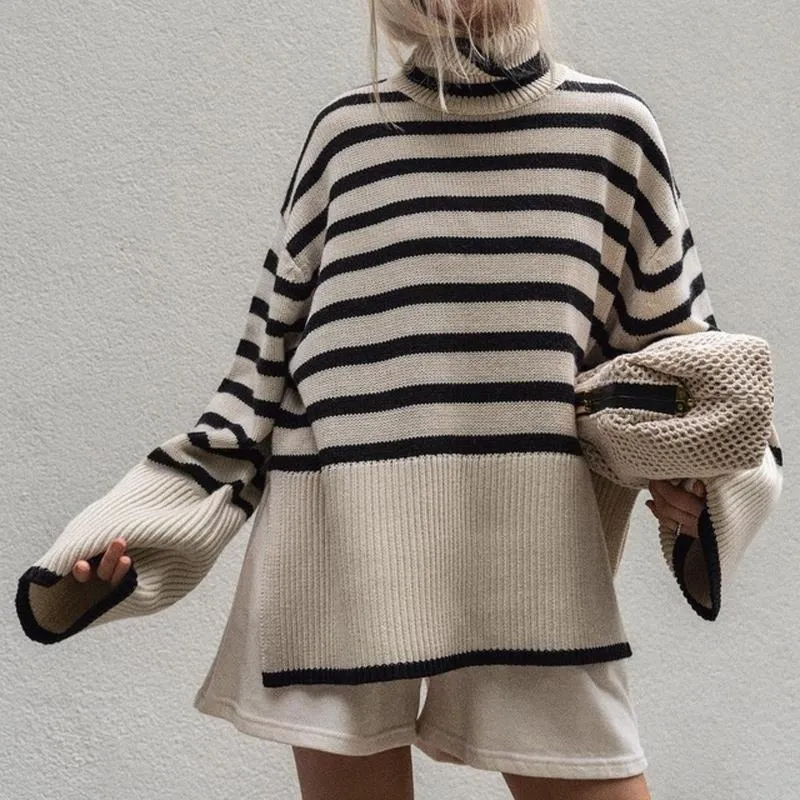 Kvinnors Tröjor Kvinna Turtleneck Sweater Knitting Striped Side Split Pullover Kvinna Höst Vinter Casual Warm Koreanska Toppar 2022