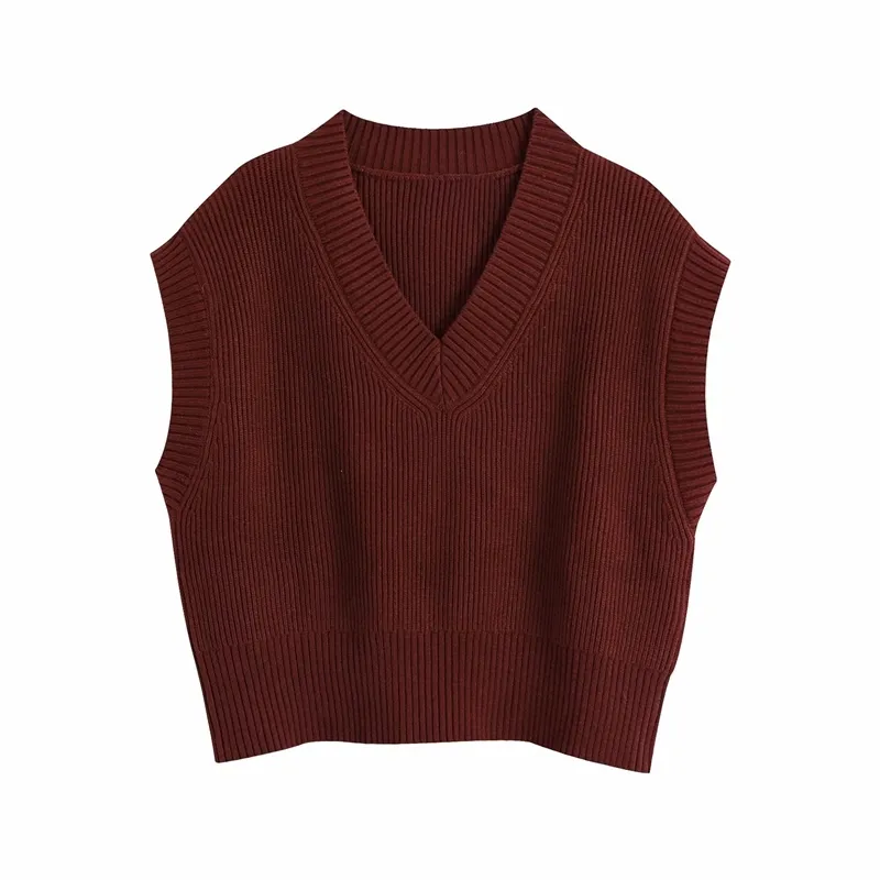 Streetwear Dames V-hals Sweater Tank Mode Dames Solid Claret Gebreide Tops Elegante Vrouwelijke Vintage Losse Vest Chic Girl 210427