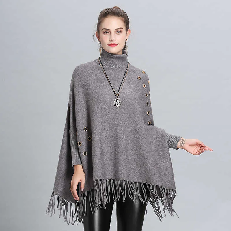 Fashion Winter Warm Poncho for Women Thicken Hollow Soft Solid Shawls and Wraps Ladies High Neckline Long Tassel 210527