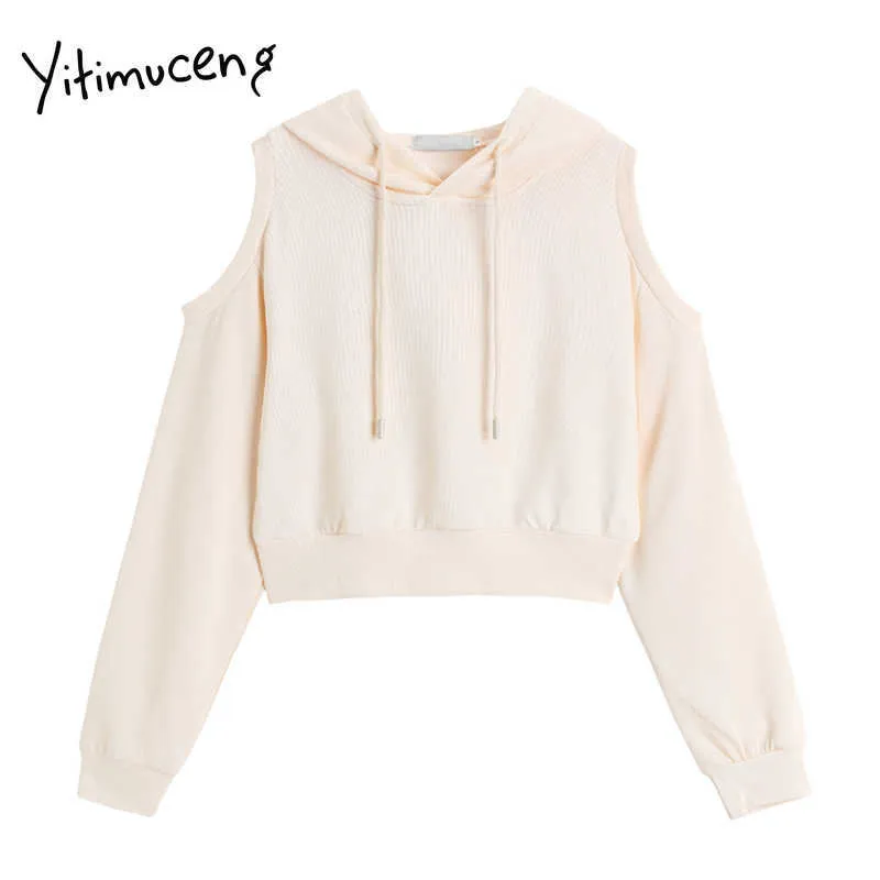 Yitimuceng Hoodies Women Solid T-shirt Spring Long Sleeve Clothes Beige Gray Off-the-shoulder Tops Comfortable Fashion Pullover 210601