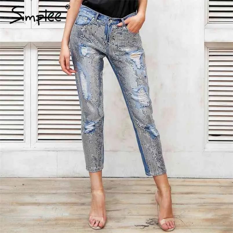 Sequin Hole Blue Jeans Dames Bottom Streetwear Rits Fringe Ripped Broek Lente Broek Losse Vrouwelijke Denim 210708