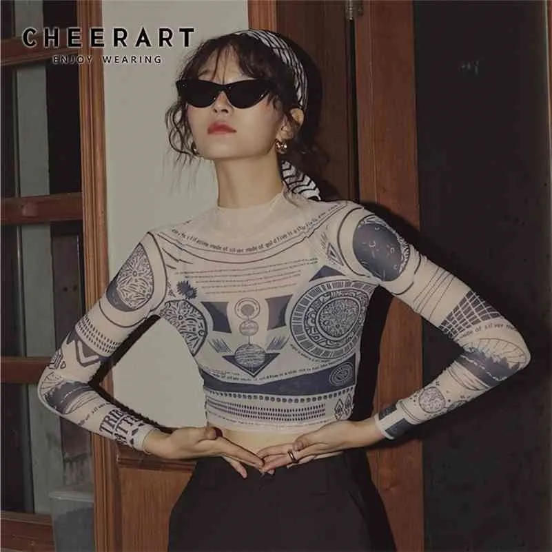 CheerArt Tattoo Print Långärmad Skörd Top Turtle Neck See Through T Shirt Basic Tshirt Street Fashion Tee Shirt 210324