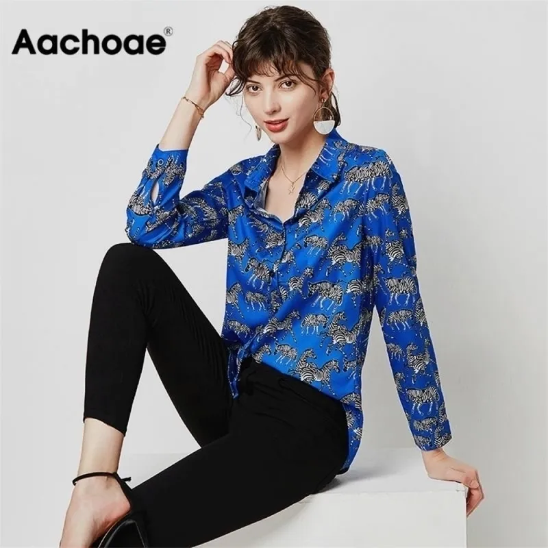 Aachoae Fashion Animal Zebra Print Kvinnor Blusar Lös Långärmad Blusskjorta Slå ner Krage Damer Tunika Toppar Blusas 210317
