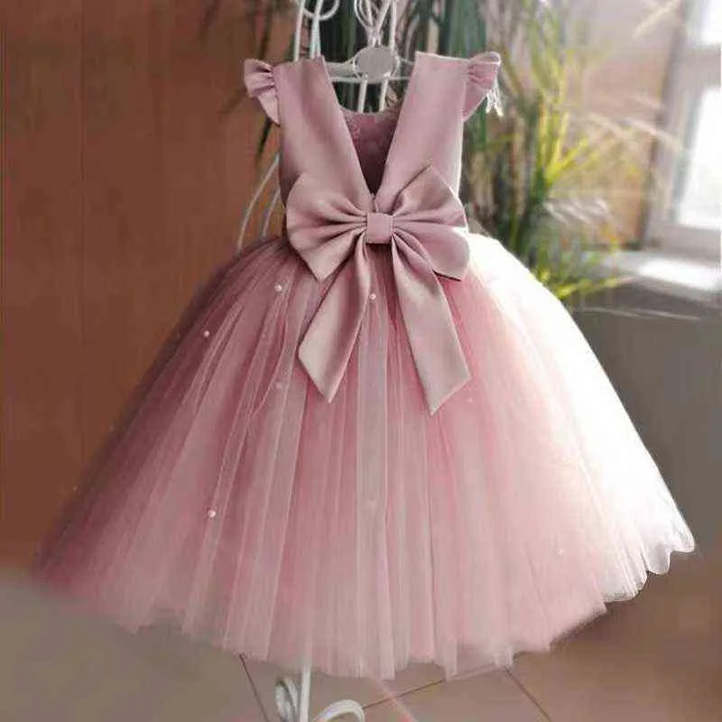 2021 nouvelle pêche rose fleur filles robes pour mariage perles dos nu fille fête d'anniversaire robe de soirée Tulle princesse robe de bal G1218