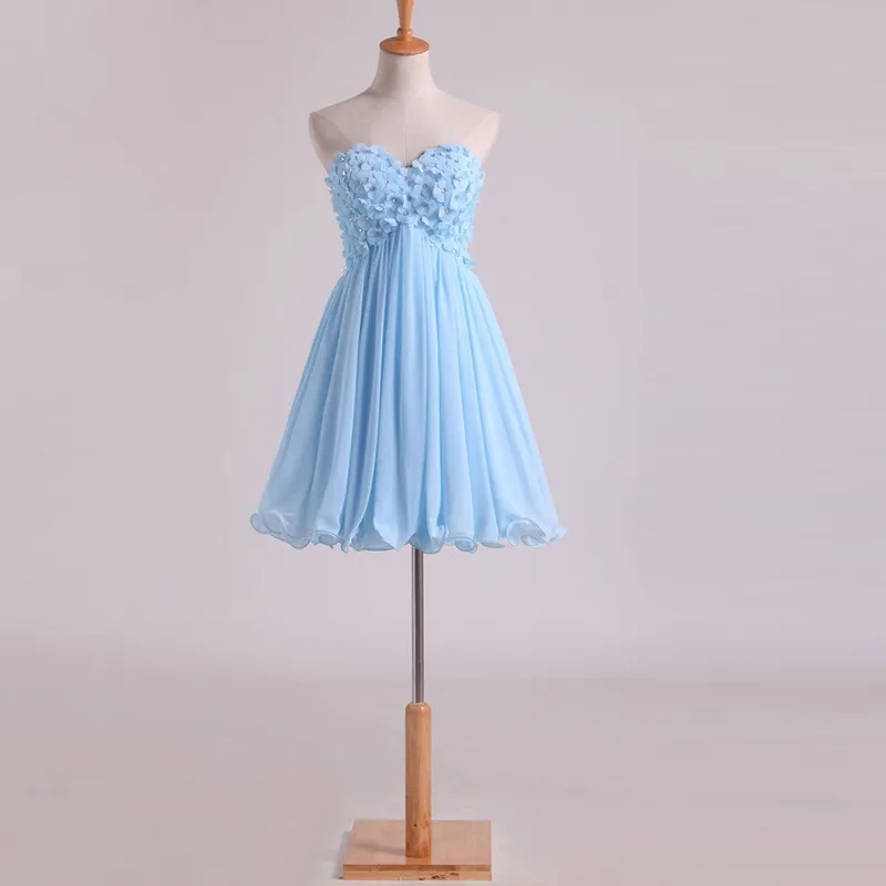 Strapless 3D-bloemen Arabische Cocktail Prom Dresses Light Sky Blue Knie-length A Line Homecoming Jurken Korte Mini Dress Party Wear