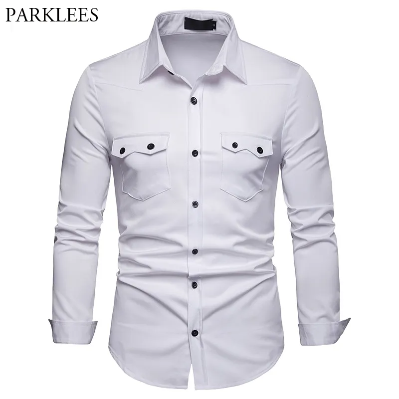 Camisa blanca de doble bolsillo para hombre, camisas ajustadas de manga larga para hombre, camisas informales con botones para hombre, camisas sociales 210522