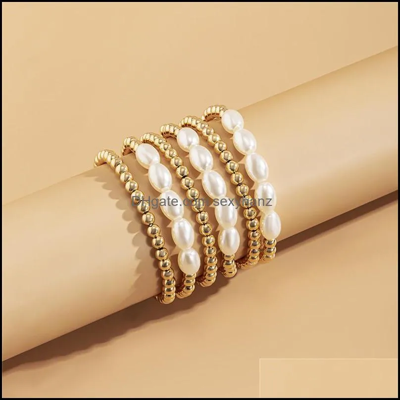 Imitation Pearl Silver Beaded Strands Chains Geometric Round Beads Metal Bracelets Women Multi Layer Alloy Business Party Hand Link Jewelry