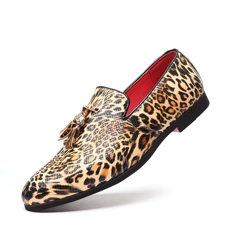 Hombres PU Cuero Zapato de Moda Tacón bajo Vestido Franja Brogue Zapatos Primavera Leopardo Estampado Botas Vintage Classic Masculino Casual Lujos