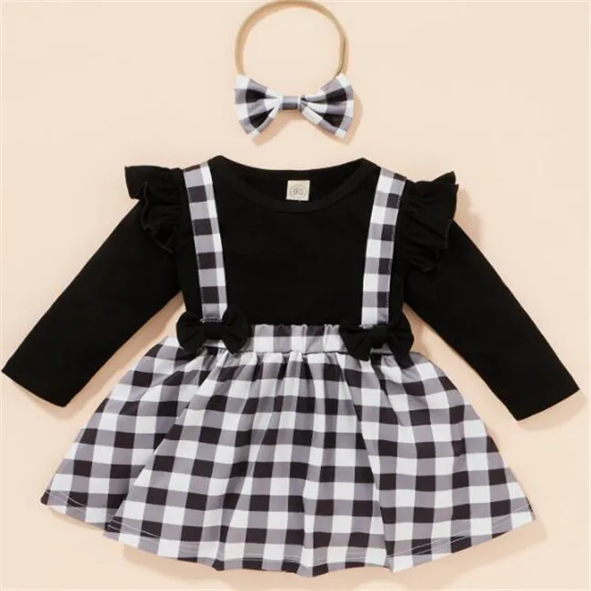 Fashion Children Girls Clothing Sets Autumn Kids Girls baby Flying sleeve T-shirts+Plaid A-line Skirts+ Bow Headbands Xmas Clothes