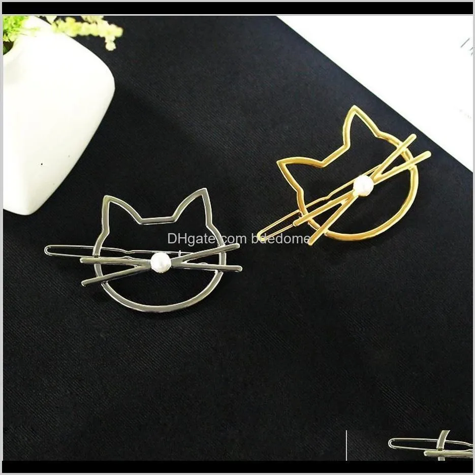 Clips Barrettes Bijoux Drop Delivery 2021 Simple Ligne Figure Tête De Chat Avec Perle En Plastique Épingle À Cheveux Or Ou Sier Plaqué Pour Femmes Filles Cheveux