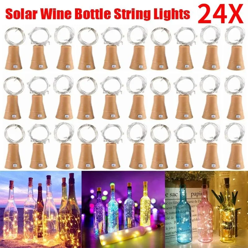 Strips 24/12/6Pcs 10/20LED Solar Wine Bottle Lamp For Wedding Party Decor Romance Night Fairy Copper Wire String Light