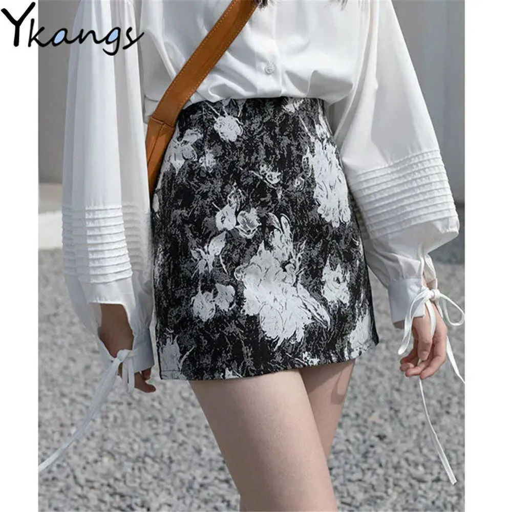 Vintage Abstract Ink Målning Kort kjol Kvinnlig hög midja A-Line Bag Hip Mini kjol Kvinnor Gotisk Summer Korean Style 210619