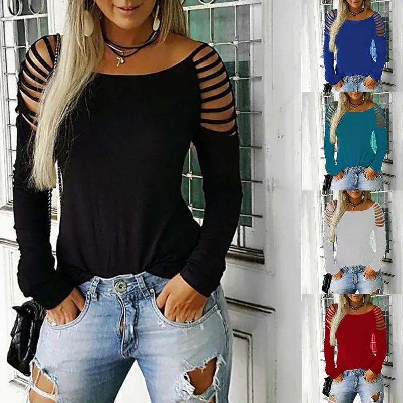 Damska koszulka jesień nowa gorąca moda z długim rękawem okrągłe szyi topy casual solid slim sexy off should streetwear t-shirt 210422